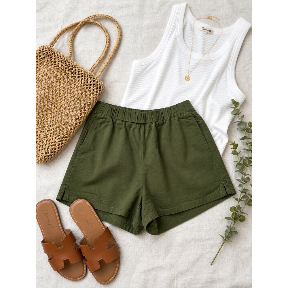 Madewell Womens Pull On Shorts Medium Olive Green Cotton Viscose Elastic Waist